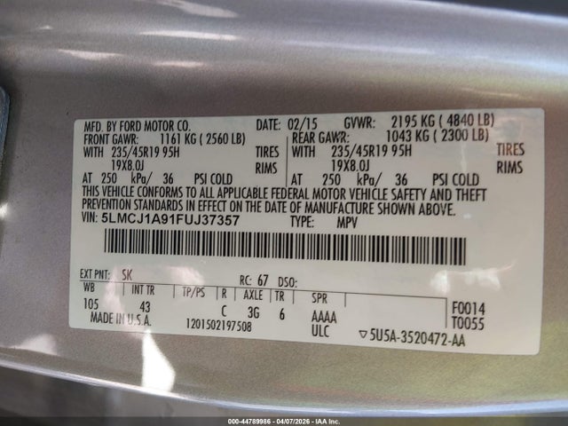 44789986 :رقم المزاد ، 5LMCJ1A91FUJ37357 vin ، 2015 Lincoln Mkc مزاد بيع