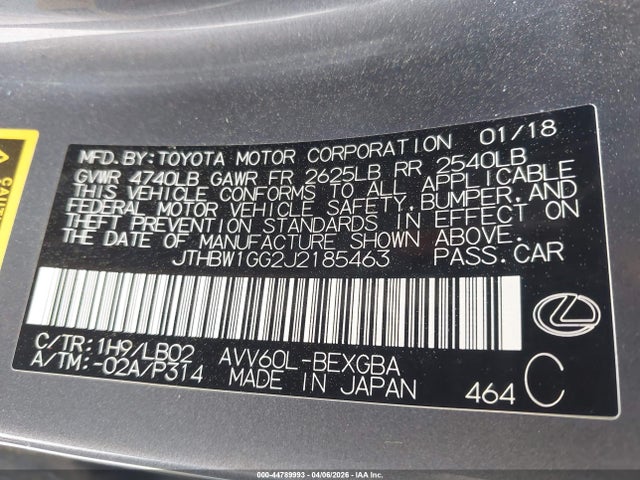 44789993 :رقم المزاد ، JTHBW1GG2J2185463 vin ، 2018 Lexus Es 300h مزاد بيع