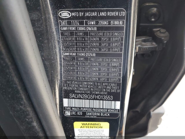 Продажа на аукционе авто 2015 Land Rover Range Rover Evoque Pure, vin: SALVN2BG5FH013553, номер лота: 44790001