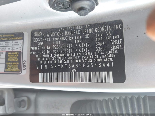 2014 Kia Sorento Lx მანქანა იყიდება აუქციონზე, vin: 5XYKT3A69EG548441, აუქციონის ნომერი: 44790006
