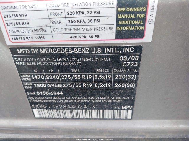 Продаж на аукціоні авто 2008 Mercedes-benz Gl 450 4matic, vin: 4JGBF71E28A402453, номер лоту: 44790018