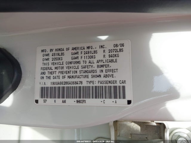 44790031 :رقم المزاد ، 19UUA66286A068478 vin ، 2006 Acura Tl مزاد بيع