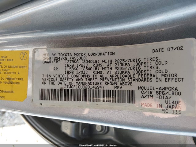 Aukcja sprzedaży 2002 Lexus Rx 300, vin: JTJGF10U320146947, numer aukcji: 44790033