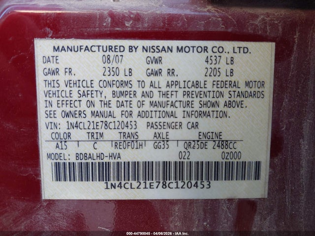 Auction sale of the 2008 Nissan Altima Hybrid, vin: 1N4CL21E78C120453, lot number: 44790045