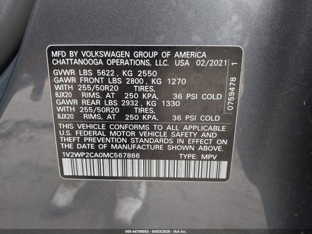 44790053 :رقم المزاد ، 1V2WP2CA0MC567866 vin ، 2021 Volkswagen Atlas 2.0t Se W/technology مزاد بيع