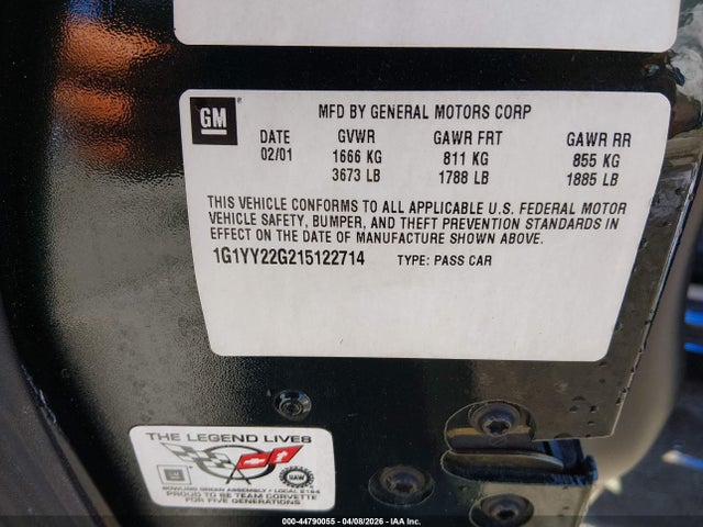 44790055 :رقم المزاد ، 1G1YY22G215122714 vin ، 2001 Chevrolet Corvette مزاد بيع