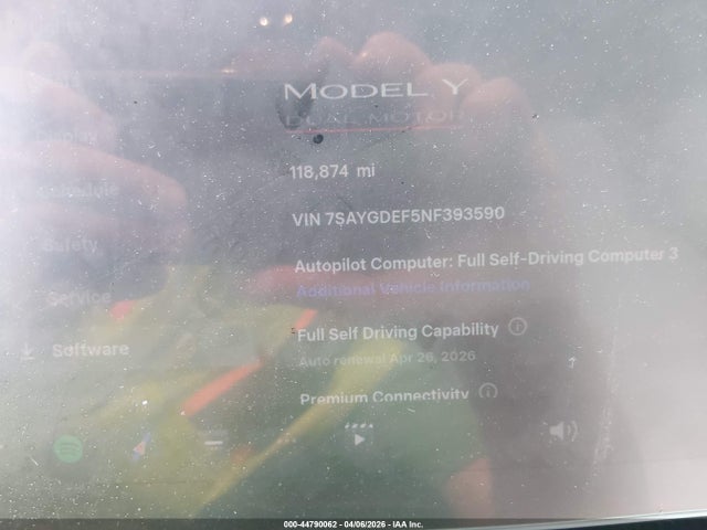 44790062 :رقم المزاد ، 7SAYGDEF5NF393590 vin ، 2022 Tesla Model Y Performance Dual Motor All-wheel Drive مزاد بيع
