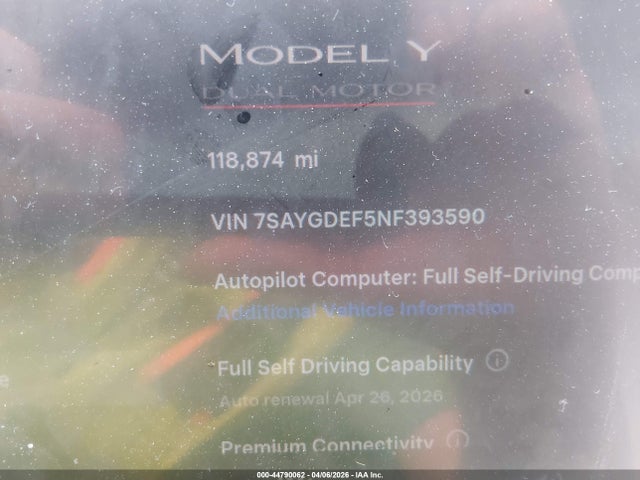 44790062 :رقم المزاد ، 7SAYGDEF5NF393590 vin ، 2022 Tesla Model Y Performance Dual Motor All-wheel Drive مزاد بيع