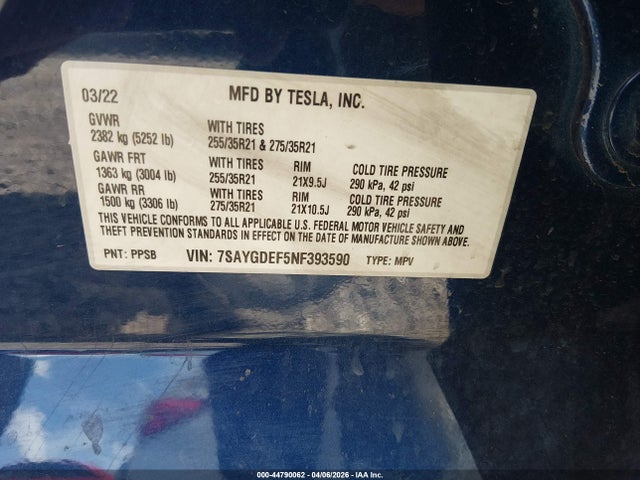 44790062 :رقم المزاد ، 7SAYGDEF5NF393590 vin ، 2022 Tesla Model Y Performance Dual Motor All-wheel Drive مزاد بيع