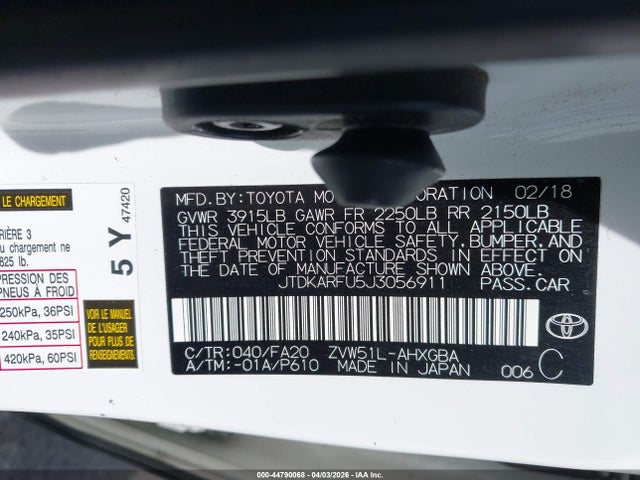 JTDKARFU5J3056911 Toyota Prius Three