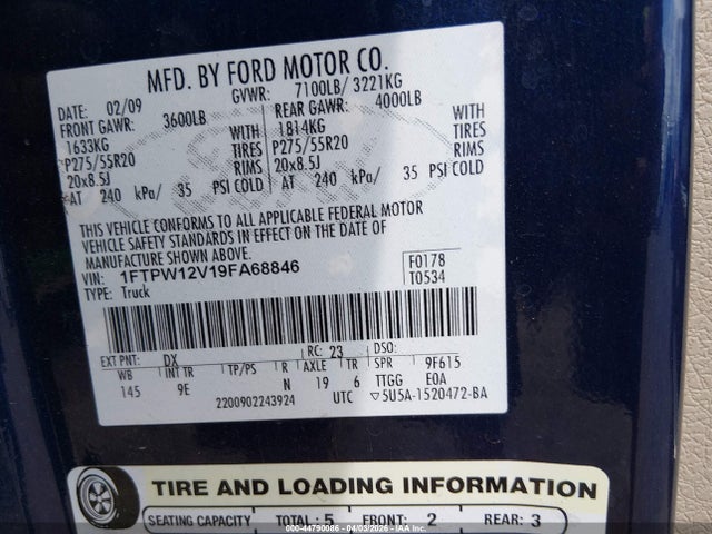 Продаж на аукціоні авто 2009 Ford F-150 King Ranch/lariat/platinum/xl/xlt, vin: 1FTPW12V19FA68846, номер лоту: 44790086