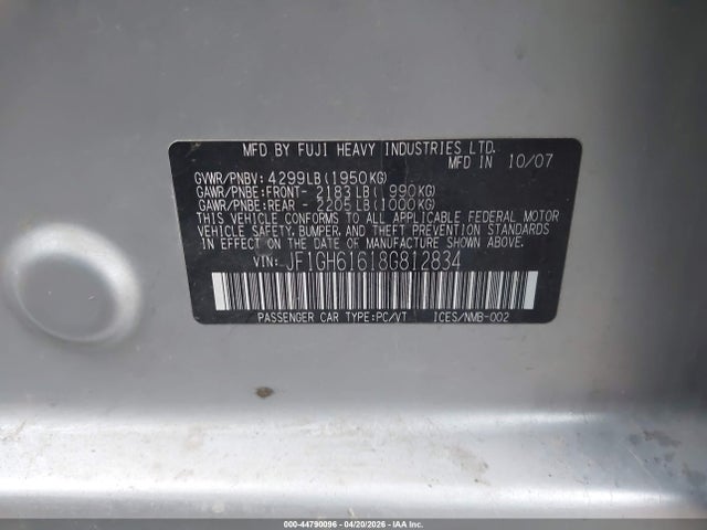 44790096 :رقم المزاد ، JF1GH61618G812834 vin ، 2008 Subaru Impreza 2.5i مزاد بيع