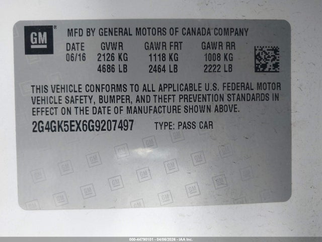 44790101 :رقم المزاد ، 2G4GK5EX6G9207497 vin ، 2016 Buick Regal Turbo مزاد بيع