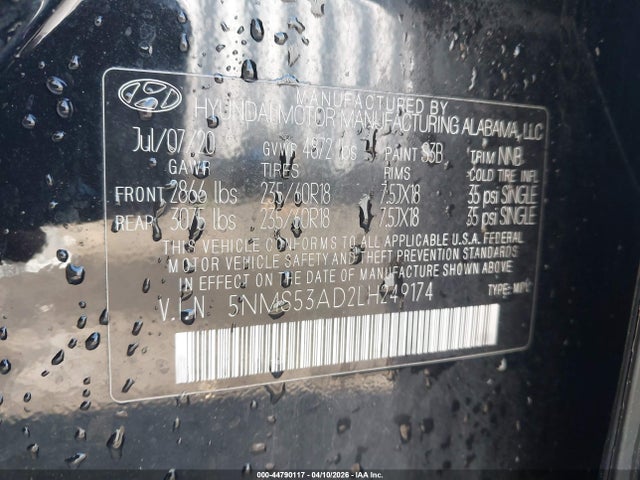 44790117 :رقم المزاد ، 5NMS53AD2LH249174 vin ، 2020 Hyundai Santa Fe Limited مزاد بيع