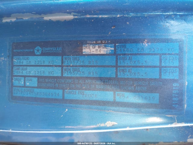 Продажа на аукционе авто 1984 Dodge D-series D150, vin: 1B7FD14T5ES304574, номер лота: 44790123