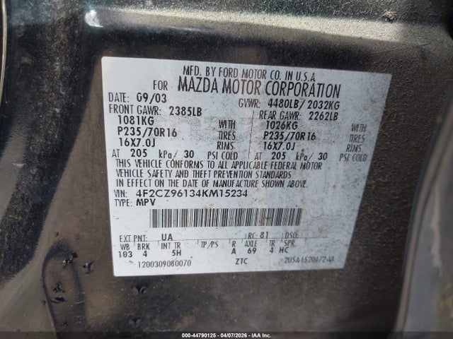 Aukcja sprzedaży 2004 Mazda Tribute Es V6, vin: 4F2CZ96134KM15234, numer aukcji: 44790125