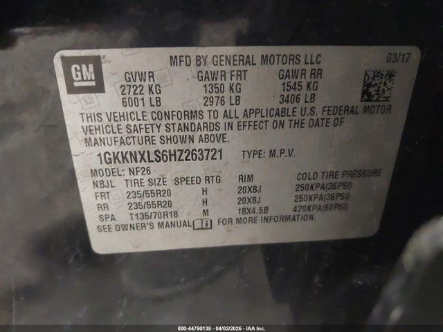 44790138 :رقم المزاد ، 1GKKNXLS6HZ263721 vin ، 2017 Gmc Acadia Denali مزاد بيع
