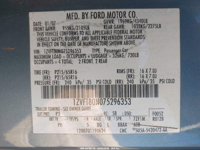 2007 FORD MUSTANG 1ZVFT80N075296353 Photo 8