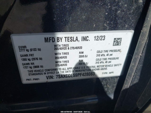 Aukcja sprzedaży 2023 Tesla Model X Dual Motor All-wheel Drive/standard Range, vin: 7SAXCDE59PF428083, numer aukcji: 44790180