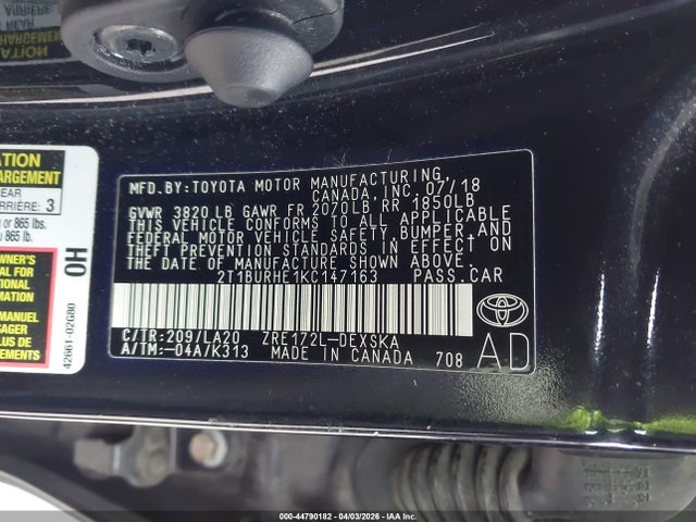 2T1BURHE1KC147163 Toyota Corolla Xse