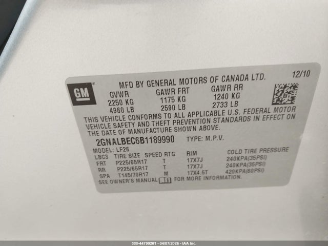 Auction sale of the 2011 Chevrolet Equinox Ls, vin: 2GNALBEC6B1189990, lot number: 44790201