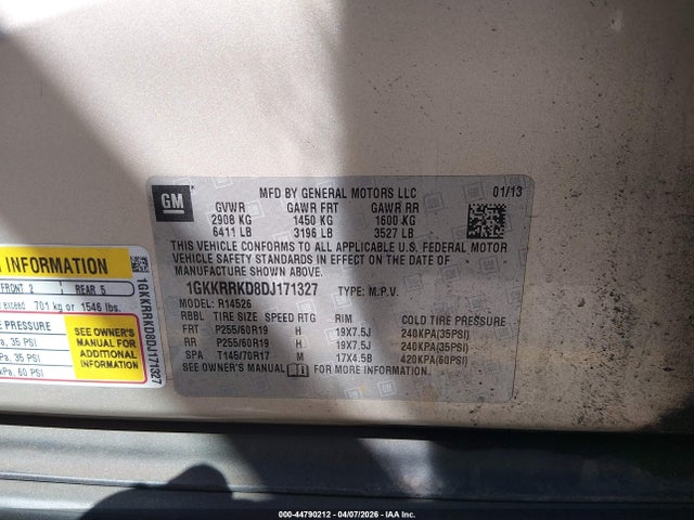 44790212 :رقم المزاد ، 1GKKRRKD8DJ171327 vin ، 2013 Gmc Acadia Slt-1 مزاد بيع