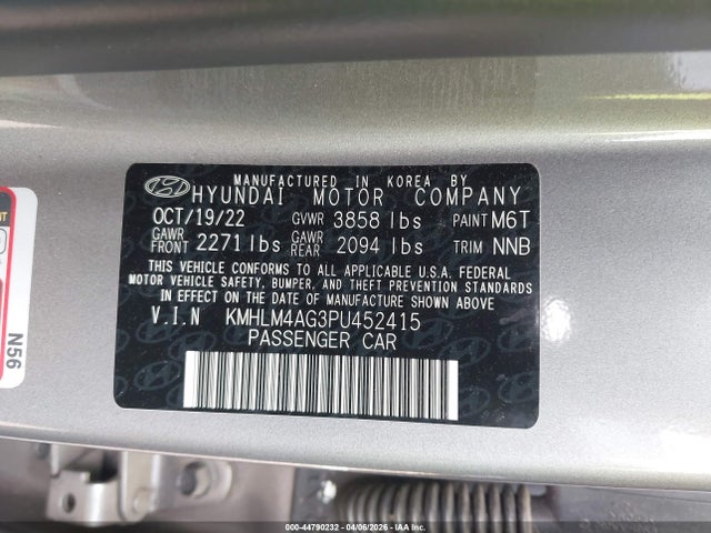 Продажа на аукционе авто 2023 Hyundai Elantra Sel, vin: KMHLM4AG3PU452415, номер лота: 44790232