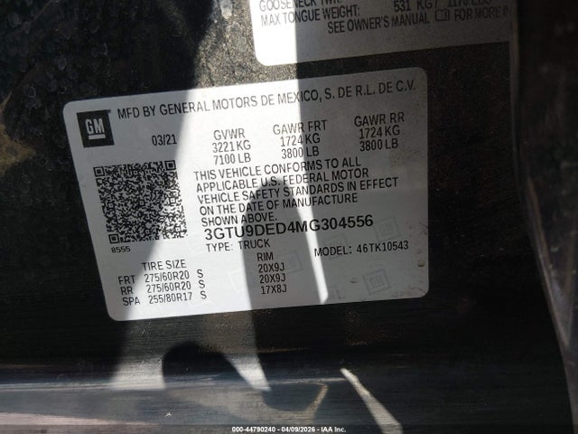 Aukcja sprzedaży 2021 Gmc Sierra 1500 4wd  Short Box Slt, vin: 3GTU9DED4MG304556, numer aukcji: 44790240