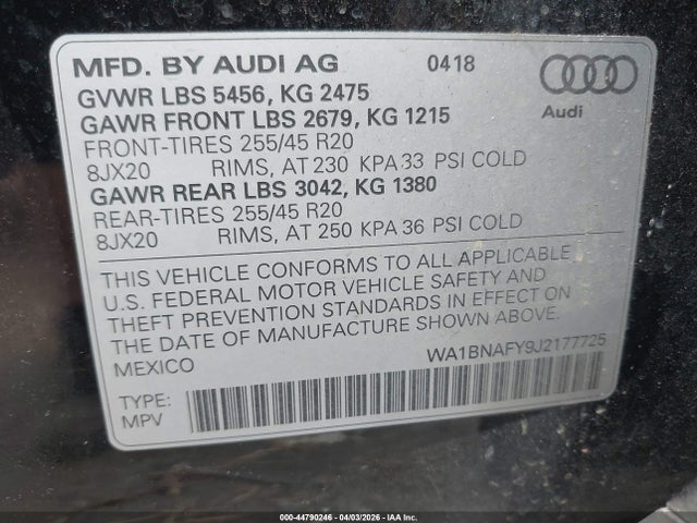 2018 Audi Q5 2.0t Premium/2.0t Tech Premium მანქანა იყიდება აუქციონზე, vin: WA1BNAFY9J2177725, აუქციონის ნომერი: 44790246