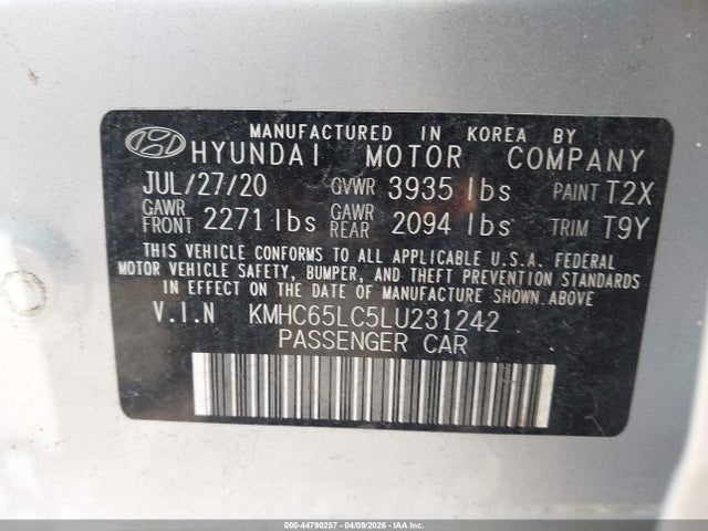 Продажа на аукционе авто 2020 Hyundai Ioniq Hybrid Blue, vin: KMHC65LC5LU231242, номер лота: 44790257