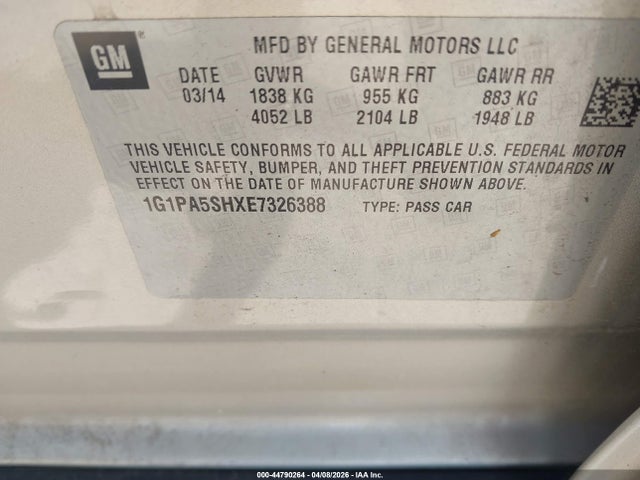 Aukcja sprzedaży 2014 Chevrolet Cruze Ls Auto, vin: 1G1PA5SHXE7326388, numer aukcji: 44790264