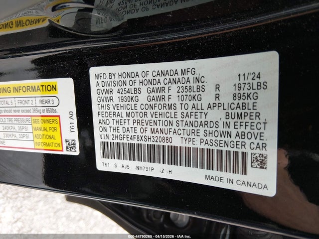 Aukcja sprzedaży 2025 Honda Civic Hybrid Sport/sport Touring, vin: 2HGFE4F8XSH320880, numer aukcji: 44790265