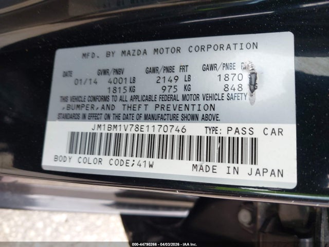 44790266 :رقم المزاد ، JM1BM1V78E1170746 vin ، 2014 Mazda Mazda3 I Touring مزاد بيع
