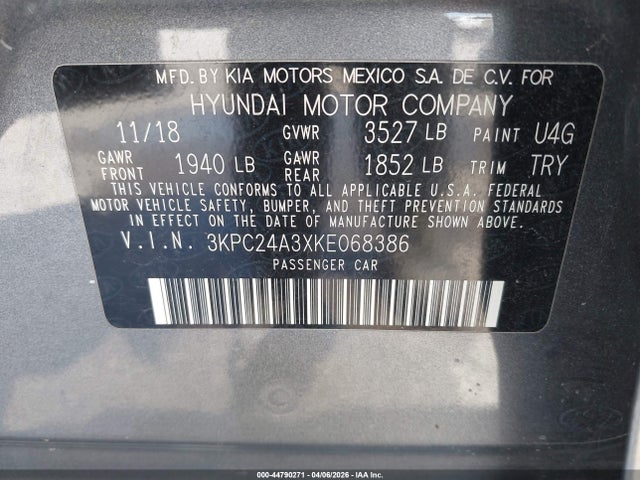44790271 :رقم المزاد ، 3KPC24A3XKE068386 vin ، 2019 Hyundai Accent Se مزاد بيع