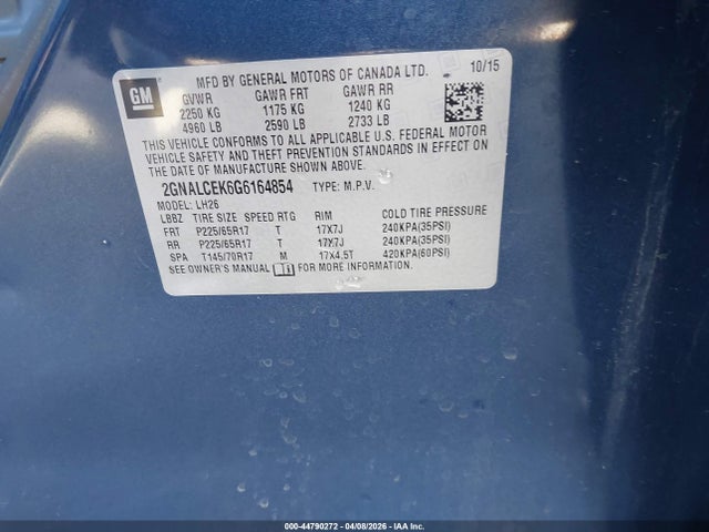44790272 :رقم المزاد ، 2GNALCEK6G6164854 vin ، 2016 Chevrolet Equinox Lt مزاد بيع