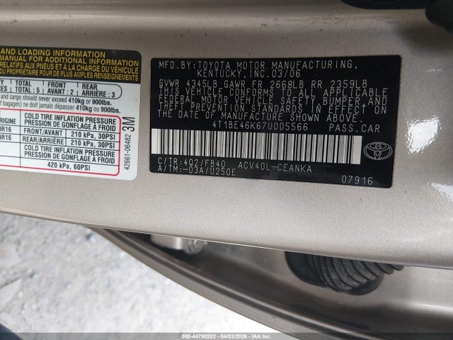 2007 TOYOTA CAMRY 4T1BE46K67U005566 Photo 8