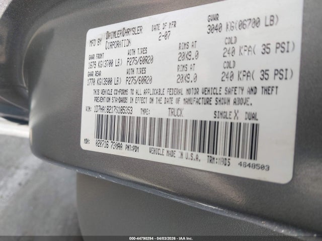 44790294 :رقم المزاد ، 1D7HA18217S185353 vin ، 2007 Dodge Ram 1500 Slt مزاد بيع