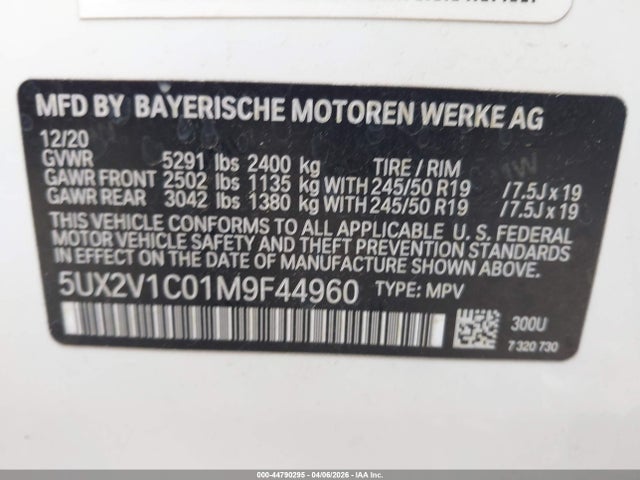 Aukcja sprzedaży 2021 Bmw X4 Xdrive30i, vin: 5UX2V1C01M9F44960, numer aukcji: 44790295