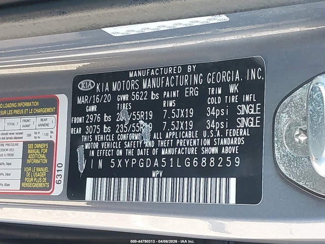 Продаж на аукціоні авто 2020 Kia Sorento 3.3l S, vin: 5XYPGDA51LG688259, номер лоту: 44790313