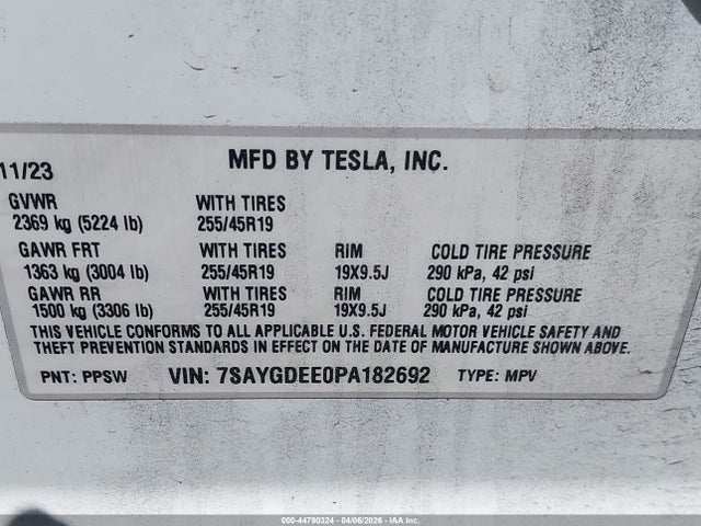 Продаж на аукціоні авто 2023 Tesla Model Y Awd/long Range Dual Motor All-wheel Drive, vin: 7SAYGDEE0PA182692, номер лоту: 44790324
