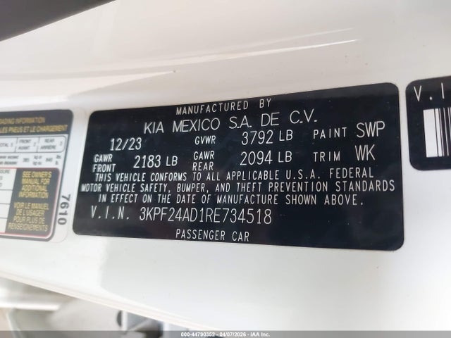 Aukcja sprzedaży 2024 Kia Forte Lxs, vin: 3KPF24AD1RE734518, numer aukcji: 44790352
