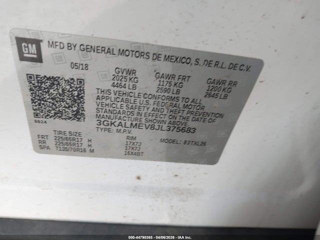 Продажа на аукционе авто 2018 Gmc Terrain Sle, vin: 3GKALMEV8JL375683, номер лота: 44790365
