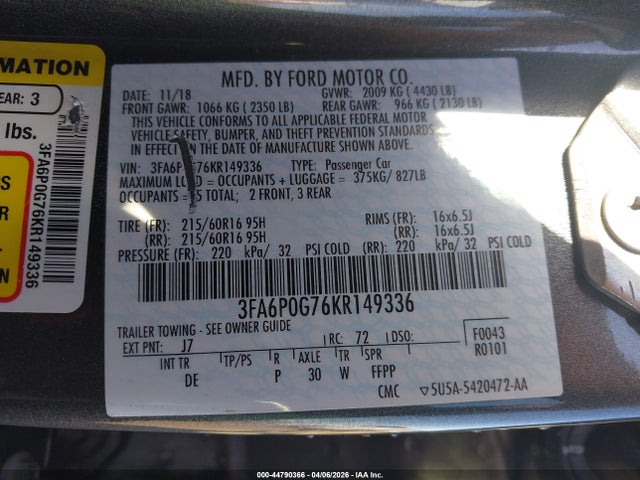 Ford FUSION S 2019 3FA6P0G76KR149336 Image 9