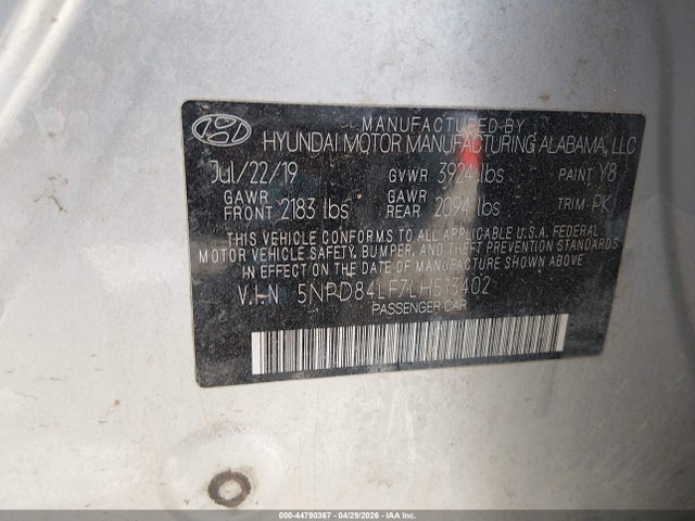2020 Hyundai Elantra Sel მანქანა იყიდება აუქციონზე, vin: 5NPD84LF7LH513402, აუქციონის ნომერი: 44790367