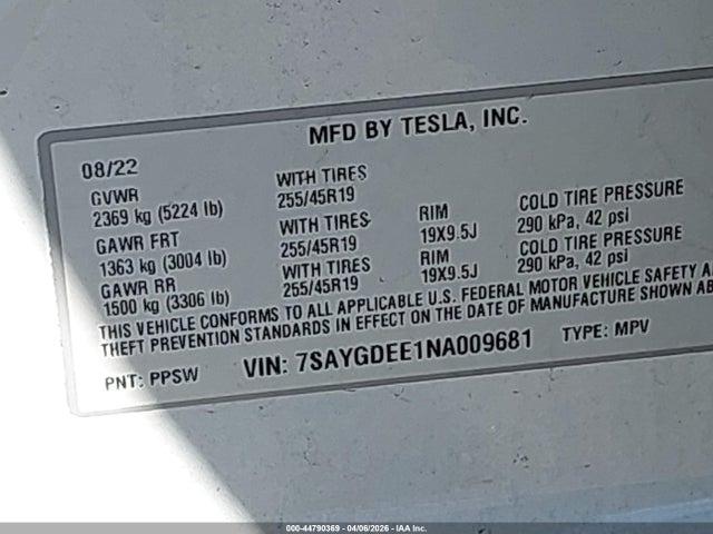 Aukcja sprzedaży 2022 Tesla Model Y Long Range Dual Motor All-wheel Drive, vin: 7SAYGDEE1NA009681, numer aukcji: 44790369