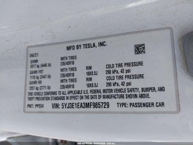 Продажа на аукционе авто 2021 Tesla Model 3 Standard Range Plus Rear-wheel Drive, vin: 5YJ3E1EA3MF985729, номер лота: 44790384