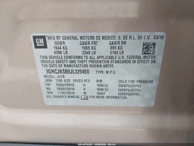 3GNCJKSB8JL329450 Chevrolet TRAX LS