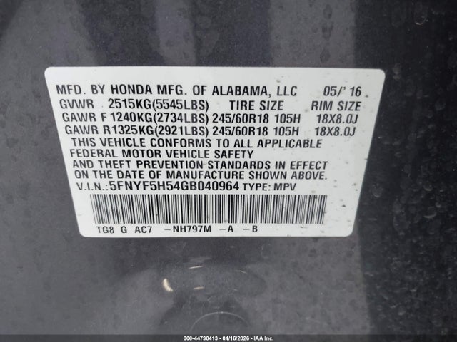 2016 HONDA PILOT 5FNYF5H54GB040964 Photo 8