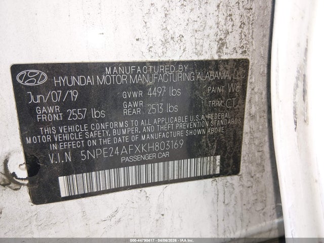 2019 Hyundai Sonata Se მანქანა იყიდება აუქციონზე, vin: 5NPE24AFXKH803169, აუქციონის ნომერი: 44790417