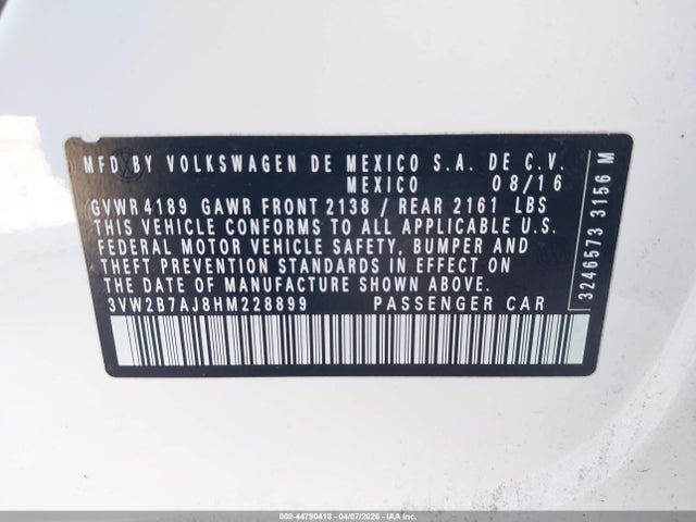 Продажа на аукционе авто 2017 Volkswagen Jetta 1.4t S, vin: 3VW2B7AJ8HM228899, номер лота: 44790418